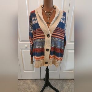 Xtaren Cozy Multicolor Aztec Boho Wool Blend Patterned Cardigan Sweater Large